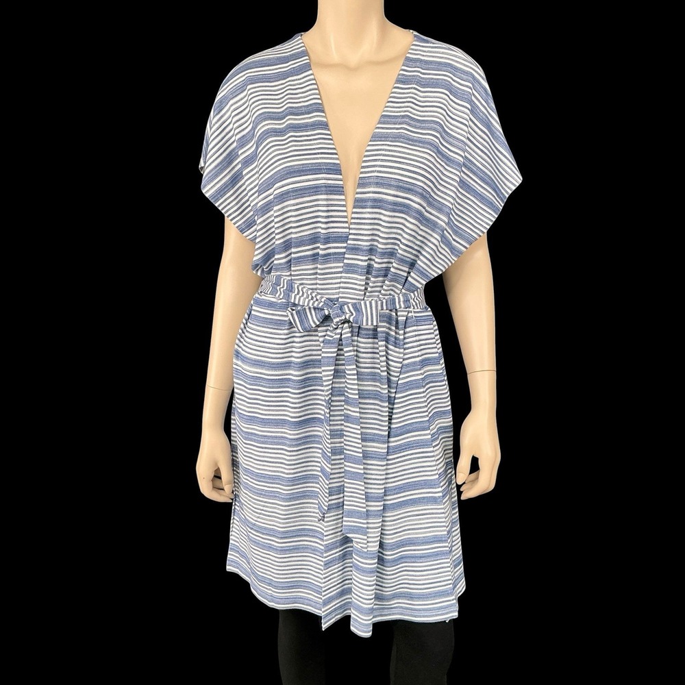 Lysse Cardigan Women Large Blue White Stripe Sleeveless Duster Belted Knit‎